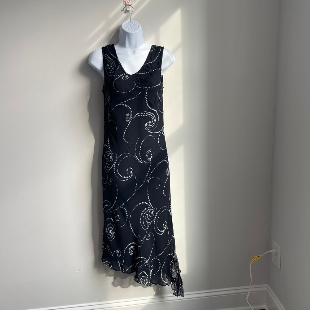 90’s Vintage  PHOOL Asymmetrical/ Black & Blue Swirl Pattern Dress